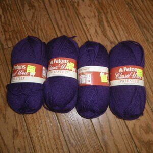 4 Vintage Skeins Patons Classic Wool Worsted Yarn – Color Royal Purple – 210 yds